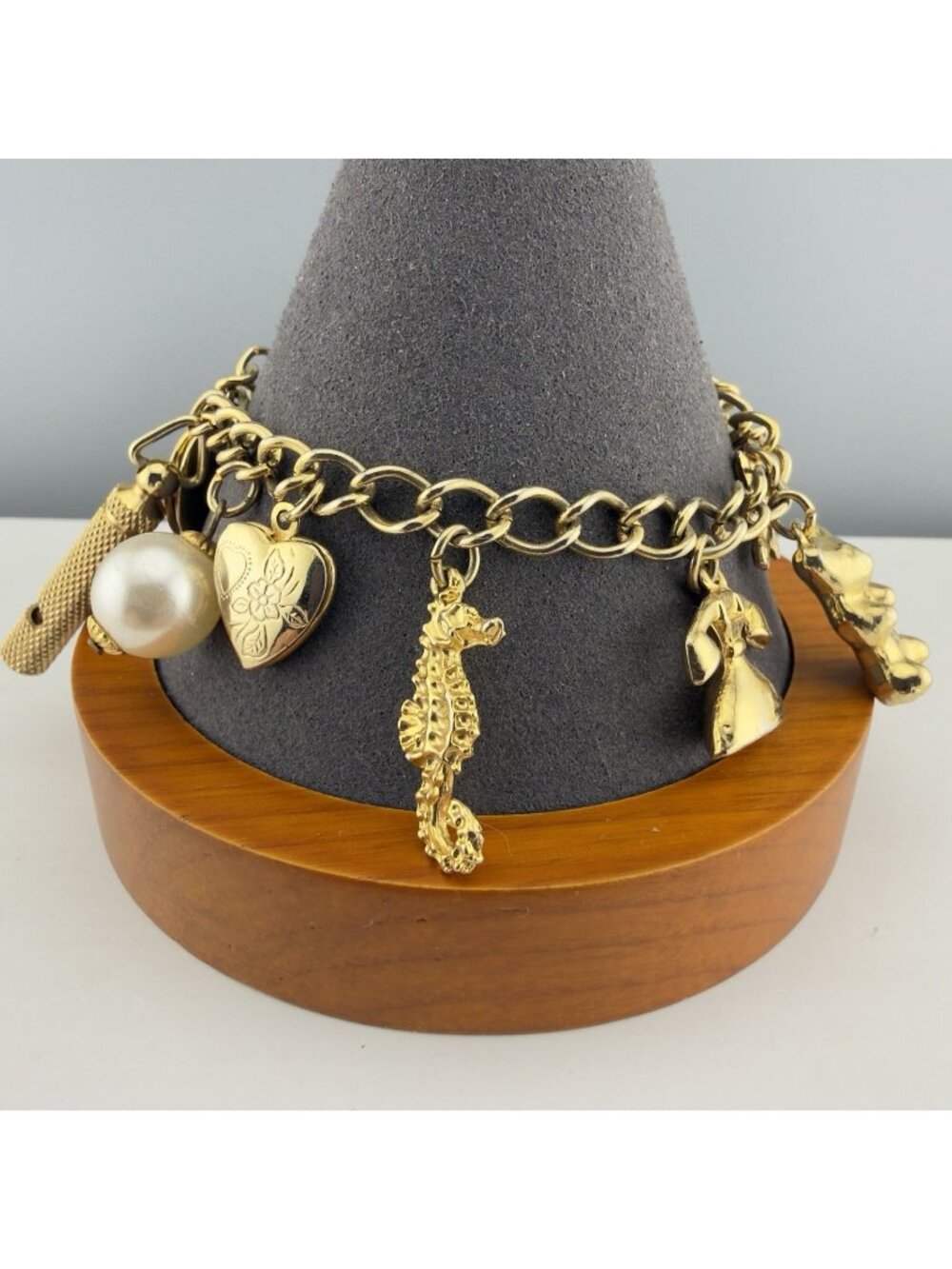 Vintage Gold Tone Charm Bracelet Lockets Heart Whistle Angel Phone Bell Bear